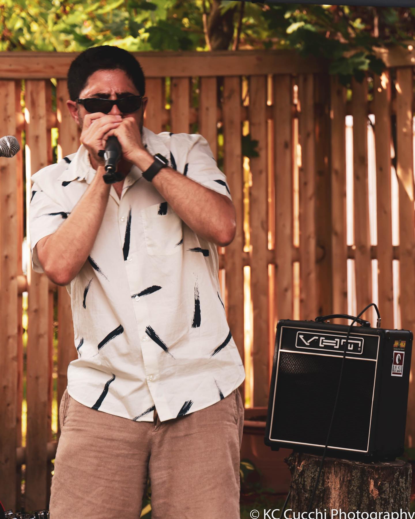 Michael Cucchi playing harmonica outdoors