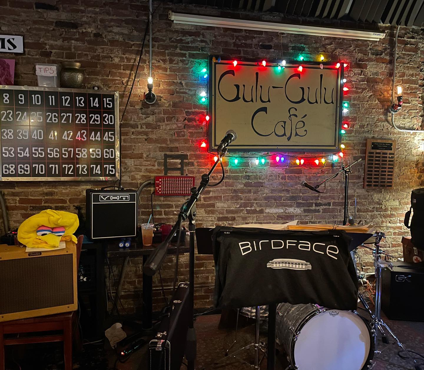 Birdface stage setup at Gulu-Gulu Café, Salem MA